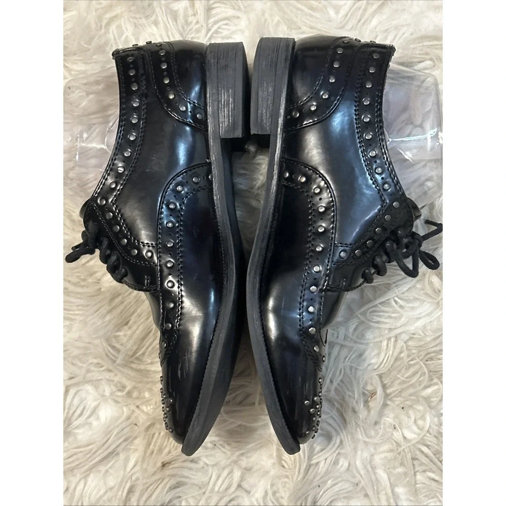 Sophie17 Black Patent Leather Silver Studded‎ Brogues Women's 6 Dress Oxfords